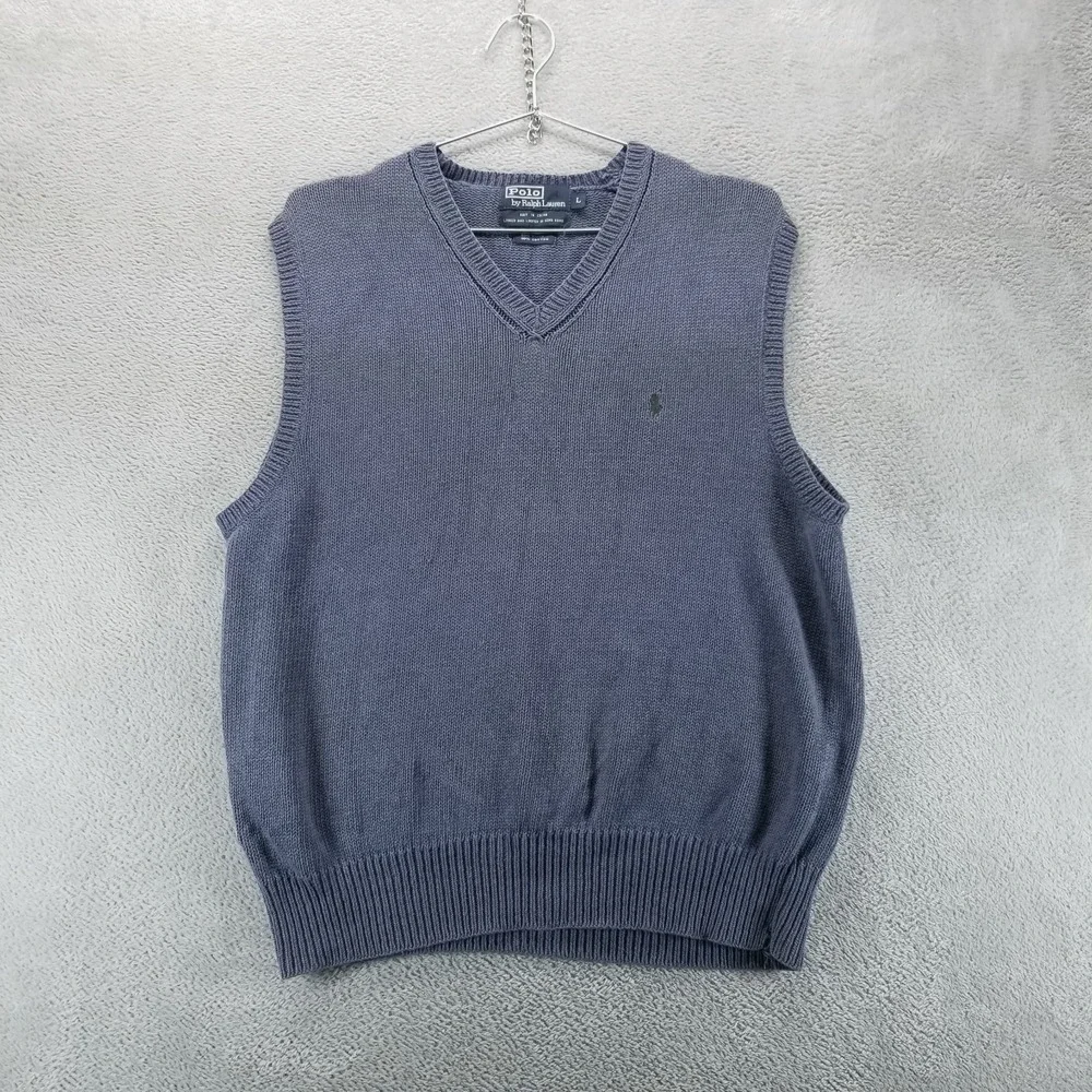VTG Polo Ralph Lauren Sweater Vest Mens L Blue Linen Cotton Pullover V Neck Knit